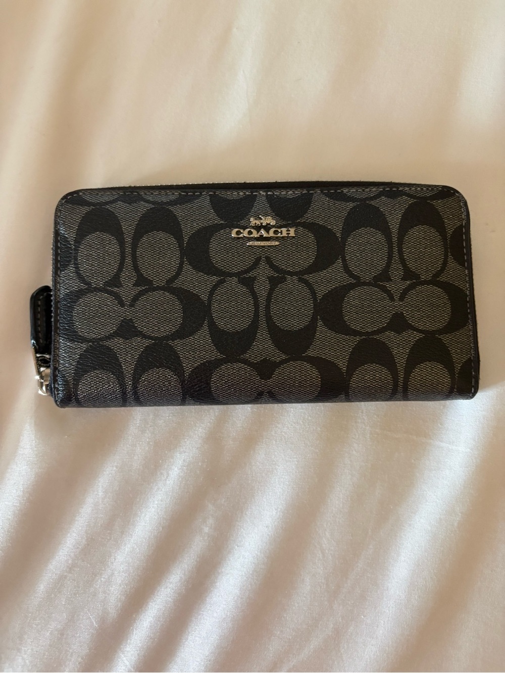 Coach Black Signature Zip-Around Continental Wallet with Silver Hardware